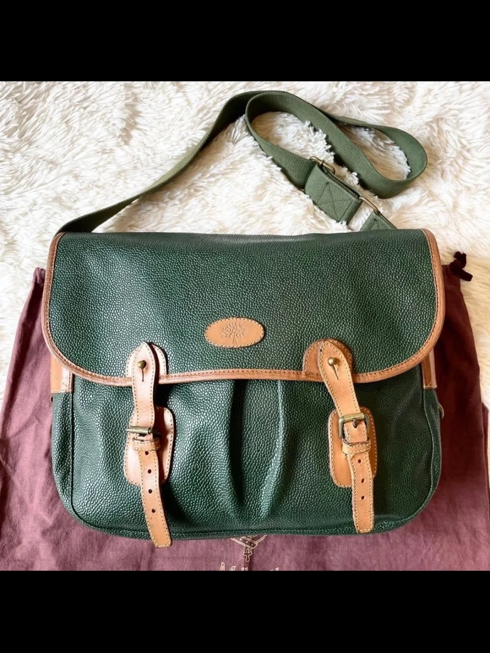 Mulberry Green Leather Messenger Bag with Brown Trim
